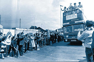 An open top bus parade for the players after the 1983 win in the final of the FA Trophy final 