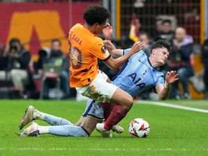 Tottenham’s Will Lankshear, right, challenges for the ball