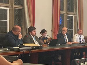 Cllr Shaun Keasey, Cllr Ryan Priest, Dudley interim chief executive Balvinder Heran, Brendan Arnold and Cllr Paul Bradley at Dudley\'s Overview and Scrutiny