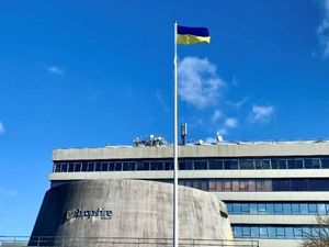 The Ukrainian flag flying outside Shrewsbury's Shirehall.