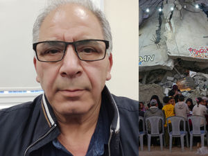 Composite image of Wael Shawish and Palestinians sitting at a large table surrounded by the rubble of destroyed homes and buildings as they gather for iftar, the fast-breaking meal, on the first day of Ramadan in Rafah