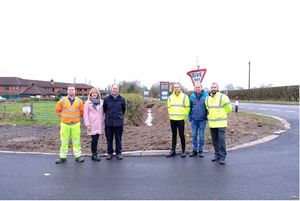 Ben Collins, Kier; Joan Cockburn and David Corden, members of the Flood Action Group; Joel McHale, WSP; Councillor Nigel Lumby; Ben Corfield, WSP.