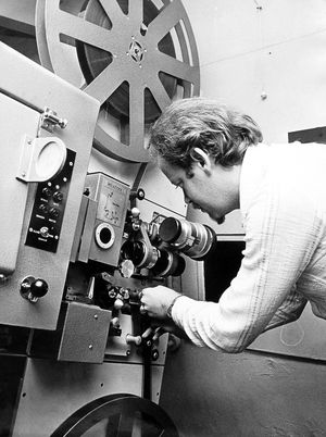 The projection room of the Clifton Cinema, Wellington, taken on June 16, 1979. Pictured is Mr Nigel Howard, chief projectionist at the cinema.