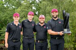 Legion XIII claimed the team title in Staffordshire. Pictured left to right is Caleb Surratt, Tom McKibbin, Tyrrell Hatton and Jon Rahm. Pic: LIV Golf