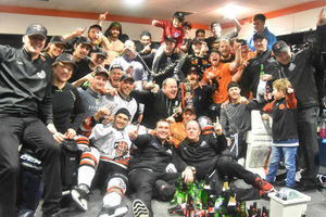 Telford Tigers celebrate with the EPL trophy.
