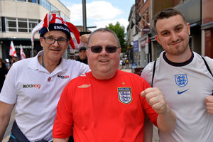England fans in Wolverhampton, Charles Cotton, Paddy Buckley and Callum Jones..