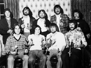 The Compasses quoits team, Ludlow, in October 1975, the caption reads: 'The Ludlow Quoits League finals were played at the Compasses on Friday and it was the Compasses - pictured here - who won both the league cup and the KO trophy.' The names are from left, (back row), Rodney Gower, Tony Ashbridge, Roy Morgan, M. Bounds, Peter Angell. Front, Steve Bushy, Colin Angell, Barry Matthews, Paul Davies.