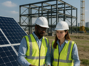Engineers review structural blueprints beside solar panels as a drone surveys the site visualising Exactus Energy’s 10‑year milestone and its new leap into civil and structural engineering.