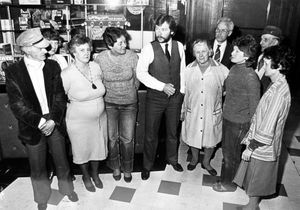 The closure of the Clifton Cinema, Wellington. 'Members of the morning staff gather in the foyer to chat with manager Mr Duncan Willmott (centre) at the last performance at the Clifton today.' The photo was taken on April 27, 1983. The story with this began: 'The Clifton Cinema in Wellington will close after tonight's show. An estimated 30,000 people have signed petitions to try to save the cinema - the only purpose-built cinema in Telford - which has been sold to Shrewsbury supermarket company Morris's, which owns the Saverite supermarket next to the Clifton. The firm will take possession of the building tomorrow... The cinema's show includes the comedy films Hot Bubblegum and Going Steady. If it had stayed open another week, the last show could have been Tootsie, which stars Dustin Hoffman posing as a woman.' In fact the Clifton reopened a few years later in altered form before closing again.