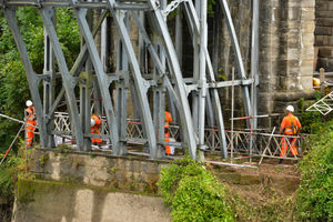 Workers erecting scaffolding on the Iron Bridge