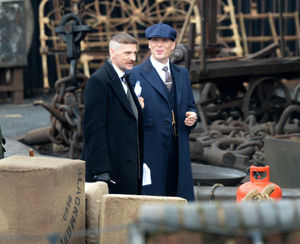Paul Anderson and Cillian Murphy filming scenes for series five of Peaky Blinders at the Black Country Living Museum