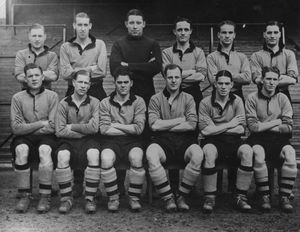 29th April 1939:  Wolverhampton Wanderers, set to meet Portsmouth in the FA Cup final at Wembley. Left to right (back): J Mullen, Galley, Scott, Morris, Taylor, Gardiner. Left to right (front): Burton, McIntosh, Stan Cullis (1915 - 2001), Dorsett and Maguire.  (Photo by Hulton Archive/Getty Images)