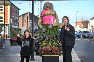 LAST COPYRIGHT NATIONAL WORLD STEVE LEATH 25/09/25Shifnal Scarecrow festival.   One by The Flower Girl business. The Scarecrow is Rachael and with it is: Louise Pearson 11 and Amelia Ruscoe.