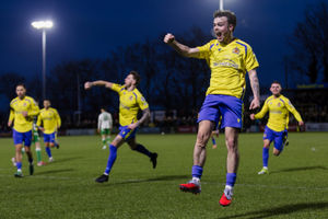 Barry Town's Ieuan Owen celebrates giving Barry Town United AFC the lead. Picture: FAW