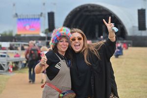 Sarah Barlow on her 60th birthday at the folk festival with her daughter Alice Barlow