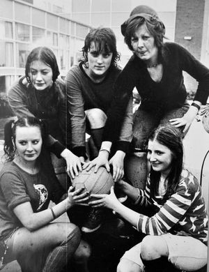 'Student girls of Bridgnorth College of Further Education who took part in a mixed comic football match, a Students' Union effort to promote student involvement and unity at the college. From left, standing, Margaret Davies, Nicola Turtle and Bonnie (surname missing), with Julie Gough and Susan Croydon kneeling.' Bridgnorth students. Picture was taken on November 13, 1974.