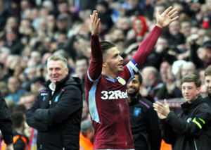 Jack Grealish celebrates his return with a goal during the Sky Bet Championship match between Aston Villa and Derby County (Will Kilpatrick)
