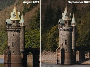 Supporting image for story: Dramatic comparison photos show scale of water level fall at Lake Vyrnwy