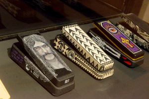 Artists were invited to decorate guitar pedals for the exhibition