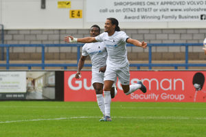 Dylan Allen-Hadley wheels away after rounding the goalkeeper to give AFC Telford United the lead against Spennymoor Town (Picture: Kieren Griffin Photography)