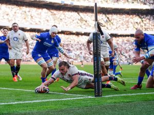 England’s Ollie Sleightholme dives to score his second try against Italy