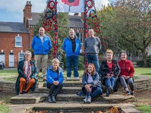 Supporting image for story: Bloxwich town centre transformed with 5,000 knitted poppies decorating landmarks 