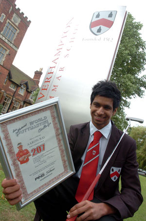 15-year-old Wolverhampton Grammar School pupil Aaron Rai is pictured celebrating after breaking the Guinness World Record for getting 207 consecutive "hole in ones" from a distance of 3 metres.