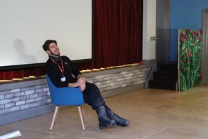 Sam chatting to the students at Derwen College