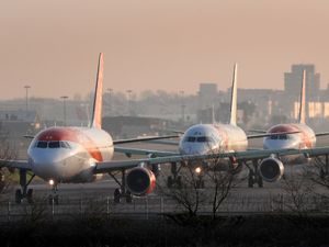 EasyJet planes queue to take off at London Gatwick Airport