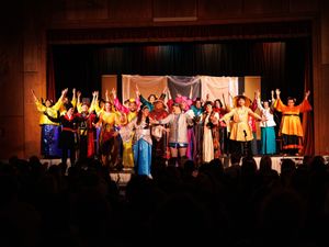 Supporting image for story: Knighton theatre group rehearsing for next panto “The Good, The Bad and The Ugly Sisters”.