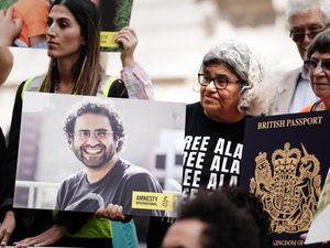 Laila Soueif (centre right), the mother of the 40-year-old British-Egyptian writer Alaa Abd el-Fattah, takes part in a vigil for the jailed pro-democracy activist who has been incarcerated in Egypt for most of the past decade, outside the Foreign, Commonwealth and Development Office (FCDO) in Westminster, London, calling on the UK government to urgently press for his release from jail in Egypt.