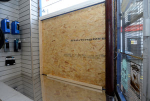 The damage visible inside the cycle shop 