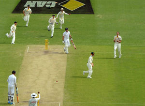 Australia's Mitchell Johnson (right) celebrates taking the wicket of England's Graeme Swann (centre) for 0