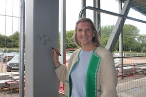 Rebecca Adlington OBE signs a beam at the leisure centre which is on track to open in December.
