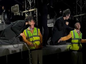 Supporting image for story: The 1975’s Matty Healy kisses crowd safety worker mid-performance in Denmark