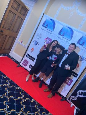 Dudley acting duo Rita and Reece Jagpal-Mohan celebrating with producer Keith Large their two award wins at The Sykehouse International Film Festival in Yorkshire.