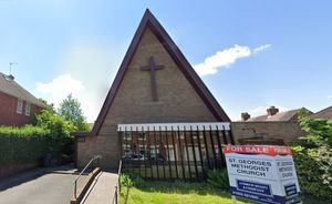 A non recent Google Maps picture of St George\'s Methodist Church in 2022 when the site was up for sale