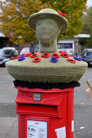 A vivid and striking postbox topper in Willenhall. No one knows who created it, but it appeared one morning