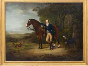 Frame painting of a man standing next to a horse, with a dog alongside him