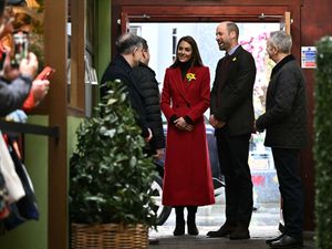 The Prince and Princess of Wales arrive for a visit to Pontypridd Market in Wales to talk to local business owners about the impact of the flooding caused by Storm Bert and Storm Darragh, and help prepare and cook a batch of Welsh cakes at the The Welsh Cake Shop