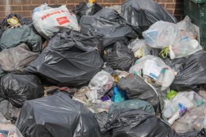 Uncollected rubbish on Longmore House in Moseley in Birmingham