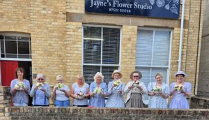 Ladies with their posy in a teacup displays after a workshop at Jayne’s Flower Studio