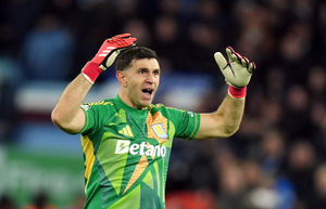 Aston Villa goalkeeper Emiliano Martinez reacts during the UEFA Champions League round of sixteen second leg match at Villa Park, Birmingham. Picture date: Wednesday March 12, 2025.