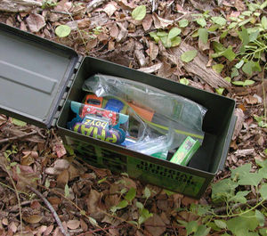 A typical geocache containing various finds for searchers to enjoy