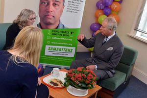 The Prince of Wales visiting the Samaritans Centre, in New Hampton Road West, Wolverhampton, and chats with West Midlands regional director Marion O'Sullivan and branch director Samantha Pittaway