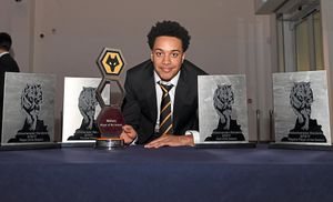 Helder Costa of Wolverhampton Wanderers with his 5 awards including Player of the season Award at the end of season dinner (AMA)