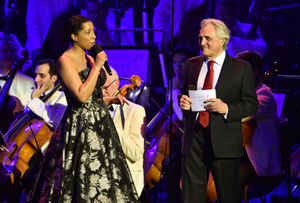 Presenters Margherita Taylor, left, and John Suchet on stage at Classic FM Live with Honda Jazz on stage at London's Royal Albert Hall