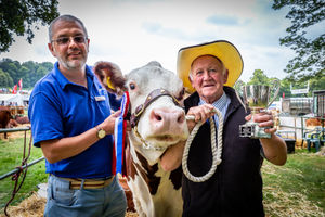 Show sponsor Barringtons Accountants (left) awarding Interbreed Beef Champion Roger Birch (right), 76, of Weston, with his award-winning Hereford cattle (centre), Jennefer