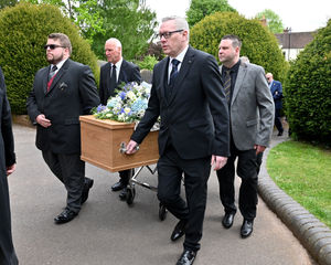 The funeral of sports broadcaster Nigel Pearson at St Benedict's Church, Wombourne..