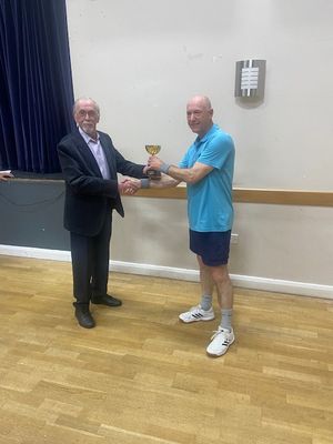 Guest of honour John Cumbers with Handicap Singles winner Adrian Wheeler, right